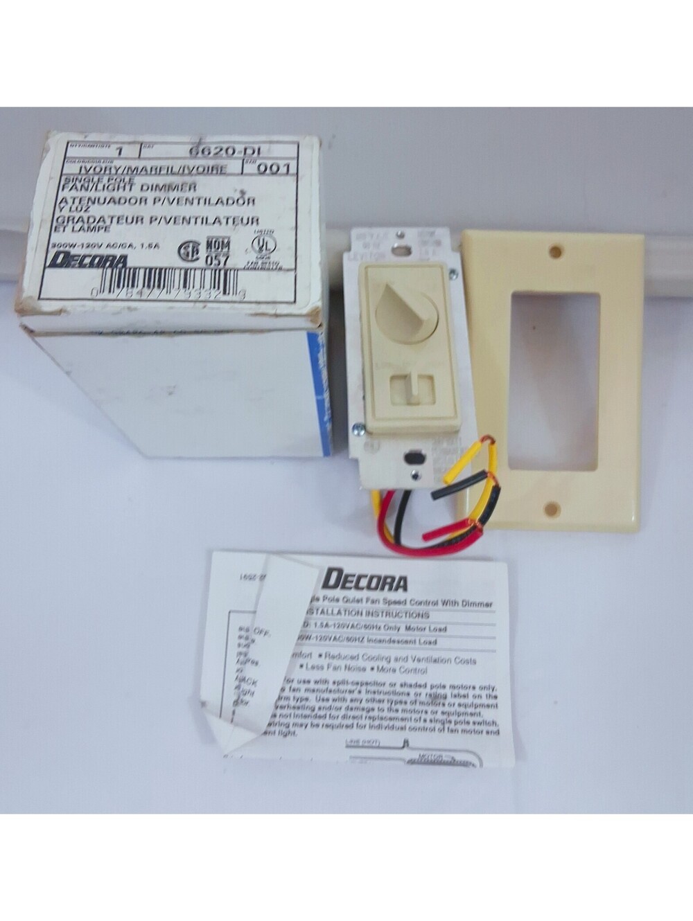Leviton 6620-DI Decora Quiet Fan Speed Control Dimmer Wall Switch Beige 120V